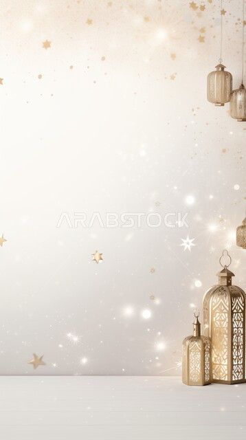 فوانيس وتحف وديكورات تقليدية للاحتفال بقدوم شهر رمضان المبارك، مصباح عربي معدني مزخرف مضيء، العادات والتقاليد العربية، زينة الأعياد والمناسبات الدينية، أجواء رمضانية وروحانية إسلامية، خلفية بيج