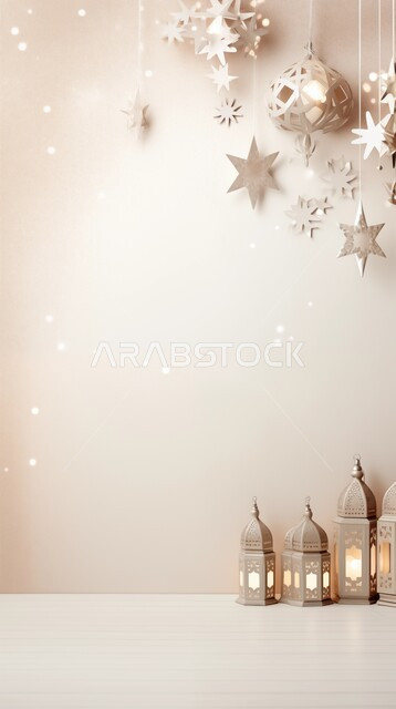 العادات والتقاليد العربية، فوانيس وتحف وديكورات تقليدية للاحتفال بقدوم شهر رمضان المبارك، مصباح عربي معدني مزخرف مضيء، زينة الأعياد والمناسبات الدينية، أجواء رمضانية وروحانية إسلامية، خلفية بيج