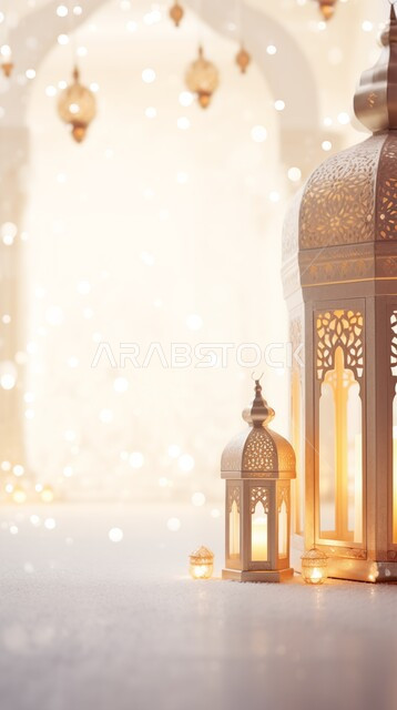 مصباح عربي معدني مزخرف مضيء، فوانيس وتحف وديكورات تقليدية للاحتفال بقدوم شهر رمضان المبارك، العادات والتقاليد العربية، زينة الأعياد والمناسبات الدينية، أجواء رمضانية وروحانية إسلامية، خلفية بيج