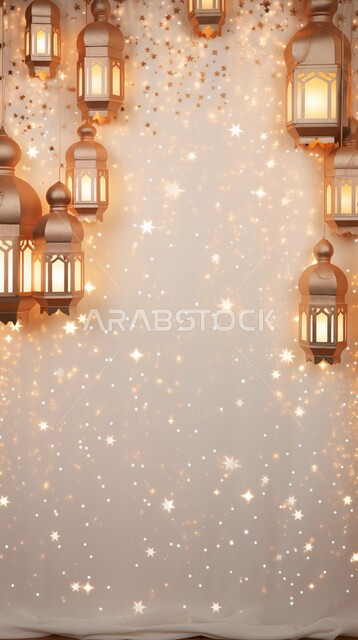 فوانيس وتحف وديكورات تقليدية للاحتفال بقدوم شهر رمضان المبارك، مصباح عربي معدني مزخرف مضيء، العادات والتقاليد العربية، زينة الأعياد والمناسبات الدينية، أجواء رمضانية وروحانية إسلامية، خلفية بيج