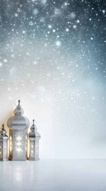 أجواء رمضانية وروحانية إسلامية، زينة الأعياد والمناسبات الدينية، العادات والتقاليد العربية، فوانيس وتحف وديكورات تقليدية للاحتفال بقدوم شهر رمضان المبارك، مصباح عربي معدني مزخرف مضيء، خلفية رمادية