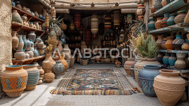 متاجر التراث القديم في المملكة العربية السعودية، الأدوات اليدوية المصنوعة من القش، الأسواق الشعبية في قرية اشيقر بمحافظة الشقراء، متجر بيع الأدوات المنزلية التقليدية، مجموعة من الجرار الملونة