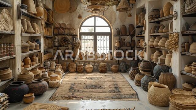 A store selling traditional household items, popular markets in the village of Ushaiqar in Al-Shaqra Governorate, handmade tools made of straw, old heritage stores in the Kingdom of Saudi Arabia