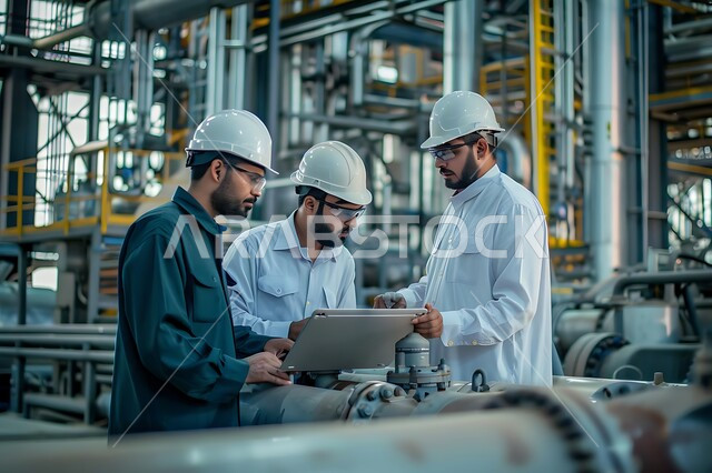 Follow up the progress of work in factories and plants, a group of Saudi Arabian Gulf engineers working in an oil and gas refining plant, working in the field of petrochemical industries and projects, steel pipelines and cables, the concept of gas productivity in the Kingdom of Saudi Arabia