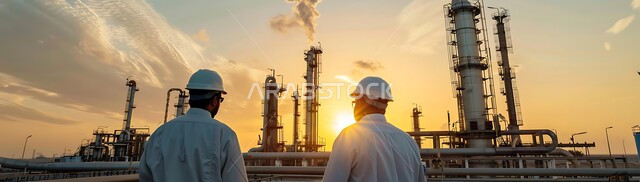 متابعة سير الاعمال في المصانع والمعامل، مهندسان عربيان خليجيان سعوديان  يعملان في مصنع تكرير النفط والغاز عند غروب الشمس، العمل في مجال الصناعات والمشاريع البيتروكيماوية، خطوط الأنابيب والكابلات الفولاذية، مفهوم إنتاجية الغاز في المملكة العربية السعودية