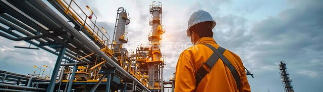 Follow-up of work progress in factories, a picture from the back of a Saudi Arabian Gulf engineer wearing a helmet, a protective vest and a mask standing in front of pipelines, the concept of gas production in the Kingdom of Saudi Arabia, Saudi jobs and professions, background of an oil refinery plant