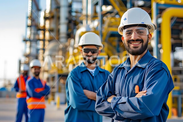  متابعة سير الاعمال في المصانع والمعامل، مجموعة من المهندسين العرب الخليجيين السعوديين يقفون بايدي متقاطعة وينظرون الى الكاميرا بايماءات السعادة يعملون في مصنع تكرير النفط والغاز، العمل في مجال الصناعات والمشاريع البيتروكيماوية، مفهوم إنتاجية الغاز في المملكة السعودية