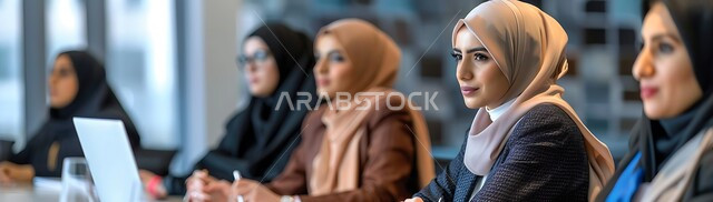 اجتماع في المكتب لمناقشة سير العمل, مجموعة من سيدات الأعمال العربيات الخليجيات السعوديات المحجبات يجلسن حول طاولة الاجتماعات, متابعة إستراتيجيات وأهداف الشركة, دراسة وتحليل المشاريع الجديدة, انخراط النساء في كافة المجالات المهنية في المجتمع السعودي