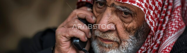 التواصل مع الأصدقاء عبر برامج التواصل الاجتماعي، دردشات ومحادثات عبر الانترنت، صورة مقربة لرجل كبير السن عربي خليجي سعودي يرتدي الشماغ والثوب التقليدي يستخدم الهاتف المحمول، إجراء مكالمات صوتية بإيماءات التفكير والحزن