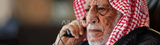 التواصل مع الأصدقاء عبر برامج التواصل الاجتماعي، دردشات ومحادثات عبر الانترنت، صورة مقربة لرجل كبير السن عربي خليجي سعودي يرتدي الشماغ والثوب التقليدي يستخدم الهاتف المحمول، إجراء مكالمات صوتية بإيماءات التفكير والحزن