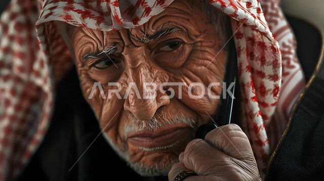 التواصل مع الأصدقاء عبر برامج التواصل الاجتماعي، دردشات ومحادثات عبر الانترنت، صورة مقربة لرجل كبير السن عربي خليجي سعودي يرتدي الشماغ والثوب التقليدي يستخدم الهاتف المحمول، إجراء مكالمات صوتية بإيماءات التفكير والحزن