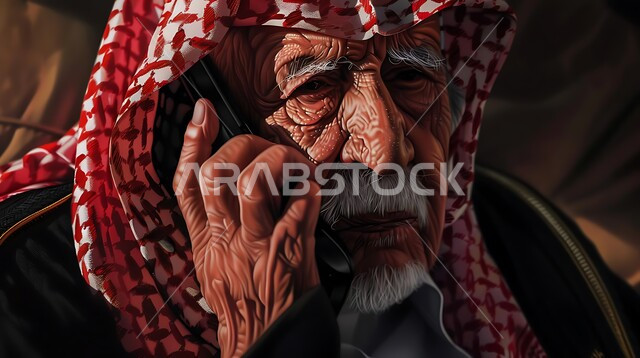 التواصل مع الأصدقاء عبر برامج التواصل الاجتماعي، دردشات ومحادثات عبر الانترنت، صورة مقربة لرجل كبير السن عربي خليجي سعودي يرتدي الشماغ والثوب التقليدي يستخدم الهاتف المحمول، إجراء مكالمات صوتية بإيماءات التفكير والحزن