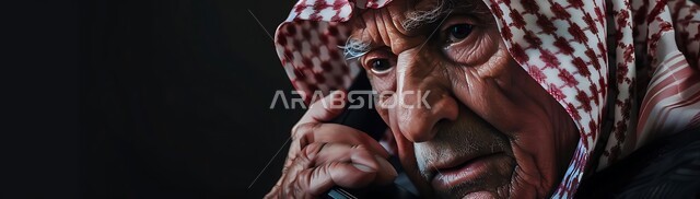 التواصل مع الأصدقاء عبر برامج التواصل الاجتماعي، دردشات ومحادثات عبر الانترنت، صورة مقربة لرجل كبير السن عربي خليجي سعودي يرتدي الشماغ والثوب التقليدي يستخدم الهاتف المحمول، إجراء مكالمات صوتية بإيماءات التفكير والحزن