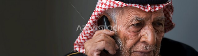 التواصل مع الأصدقاء عبر برامج التواصل الاجتماعي، دردشات ومحادثات عبر الانترنت، صورة مقربة لرجل كبير السن عربي خليجي سعودي يرتدي الشماغ والثوب التقليدي يستخدم الهاتف المحمول، إجراء مكالمات صوتية بإيماءات التفكير والحزن