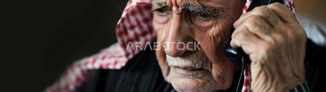 التواصل مع الأصدقاء عبر برامج التواصل الاجتماعي، دردشات ومحادثات عبر الانترنت، صورة مقربة لرجل كبير السن عربي خليجي سعودي يرتدي الشماغ والثوب التقليدي يستخدم الهاتف المحمول، إجراء مكالمات صوتية بإيماءات التفكير والحزن