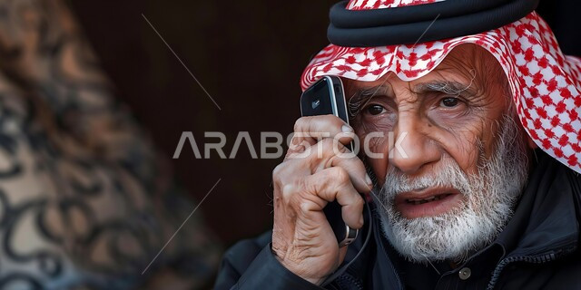 إجراء مكالمات صوتية بإيماءات التفكير والحزن، التواصل مع الأصدقاء عبر برامج التواصل الاجتماعي، دردشات ومحادثات عبر الانترنت، صورة مقربة لرجل كبير السن عربي خليجي سعودي يرتدي الشماغ والثوب التقليدي يستخدم الهاتف المحمول