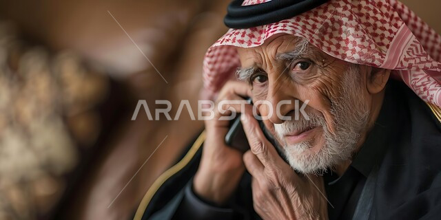 إجراء مكالمات صوتية بإيماءات التفكير والحزن، التواصل مع الأصدقاء عبر برامج التواصل الاجتماعي، دردشات ومحادثات عبر الانترنت، صورة مقربة لرجل كبير السن عربي خليجي سعودي يرتدي الشماغ والثوب التقليدي يستخدم الهاتف المحمول