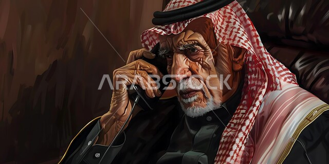 إجراء مكالمات صوتية بإيماءات التفكير والحزن، التواصل مع الأصدقاء عبر برامج التواصل الاجتماعي، دردشات ومحادثات عبر الانترنت، صورة مقربة لرجل كبير السن عربي خليجي سعودي يرتدي الشماغ والثوب التقليدي يستخدم الهاتف المحمول