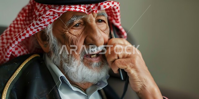 إجراء مكالمات صوتية بإيماءات التفكير والحزن، التواصل مع الأصدقاء عبر برامج التواصل الاجتماعي، دردشات ومحادثات عبر الانترنت، صورة مقربة لرجل كبير السن عربي خليجي سعودي يرتدي الشماغ والثوب التقليدي يستخدم الهاتف المحمول