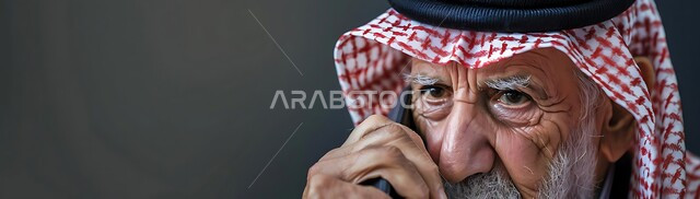 إجراء مكالمات صوتية بإيماءات التفكير والحزن، التواصل مع الأصدقاء عبر برامج التواصل الاجتماعي، دردشات ومحادثات عبر الانترنت، صورة مقربة لرجل كبير السن عربي خليجي سعودي يرتدي الشماغ والثوب التقليدي يستخدم الهاتف المحمول