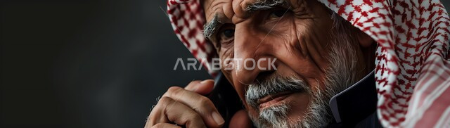إجراء مكالمات صوتية بإيماءات التفكير والحزن، التواصل مع الأصدقاء عبر برامج التواصل الاجتماعي، دردشات ومحادثات عبر الانترنت، صورة مقربة لرجل كبير السن عربي خليجي سعودي يرتدي الشماغ والثوب التقليدي يستخدم الهاتف المحمول