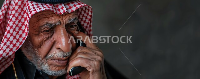 استخدام التقنيات الحديثة والمتطورة، التواصل مع الأصدقاء عبر برامج التواصل الاجتماعي، دردشات ومحادثات عبر الانترنت، صورة مقربة لرجل كبير السن عربي خليجي سعودي يرتدي الشماغ والثوب التقليدي يستخدم الهاتف المحمول، إجراء مكالمات صوتية بإيماءات اليأس والحزن