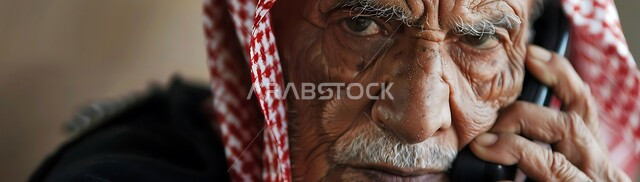 استخدام التقنيات الحديثة والمتطورة، التواصل مع الأصدقاء عبر برامج التواصل الاجتماعي، دردشات ومحادثات عبر الانترنت، صورة مقربة لرجل كبير السن عربي خليجي سعودي يرتدي الشماغ والثوب التقليدي يستخدم الهاتف المحمول، إجراء مكالمات صوتية بإيماءات اليأس والحزن