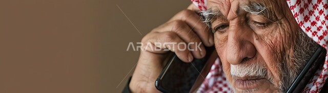 استخدام التقنيات الحديثة والمتطورة، التواصل مع الأصدقاء عبر برامج التواصل الاجتماعي، دردشات ومحادثات عبر الانترنت، صورة مقربة لرجل كبير السن عربي خليجي سعودي يرتدي الشماغ والثوب التقليدي يستخدم الهاتف المحمول، إجراء مكالمات صوتية بإيماءات اليأس والحزن