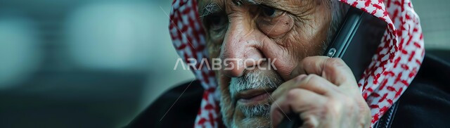 استخدام التقنيات الحديثة والمتطورة، التواصل مع الأصدقاء عبر برامج التواصل الاجتماعي، دردشات ومحادثات عبر الانترنت، صورة مقربة لرجل كبير السن عربي خليجي سعودي يرتدي الشماغ والثوب التقليدي يستخدم الهاتف المحمول، إجراء مكالمات صوتية بإيماءات اليأس والحزن