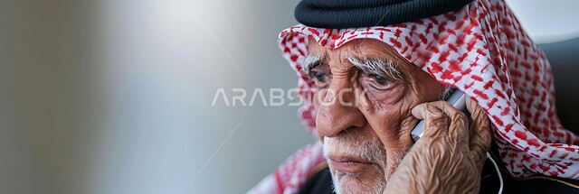 التحدث مع الأصدقاء عبر برامج التواصل الاجتماعي استخدام التقنيات الحديثة والمتطورة، دردشات ومحادثات عبر الانترنت، صورة مقربة لرجل كبير السن عربي خليجي سعودي يرتدي الشماغ والثوب التقليدي يستخدم الهاتف المحمول، إجراء مكالمات صوتية بإيماءات اليأس والحزن