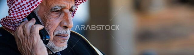 التحدث مع الأصدقاء عبر برامج التواصل الاجتماعي استخدام التقنيات الحديثة والمتطورة، دردشات ومحادثات عبر الانترنت، صورة مقربة لرجل كبير السن عربي خليجي سعودي يرتدي الشماغ والثوب التقليدي يستخدم الهاتف المحمول، إجراء مكالمات صوتية بإيماءات اليأس والحزن