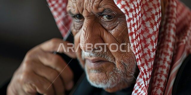 التحدث مع الأصدقاء عبر برامج التواصل الاجتماعي استخدام التقنيات الحديثة والمتطورة، دردشات ومحادثات عبر الانترنت، صورة مقربة لرجل كبير السن عربي خليجي سعودي يرتدي الشماغ والثوب التقليدي يستخدم الهاتف المحمول، إجراء مكالمات صوتية بإيماءات اليأس والحزن