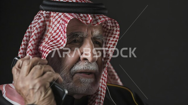 التحدث مع الأصدقاء عبر برامج التواصل الاجتماعي استخدام التقنيات الحديثة والمتطورة، دردشات ومحادثات عبر الانترنت، صورة مقربة لرجل كبير السن عربي خليجي سعودي يرتدي الشماغ والثوب التقليدي يستخدم الهاتف المحمول، إجراء مكالمات صوتية بإيماءات اليأس والحزن