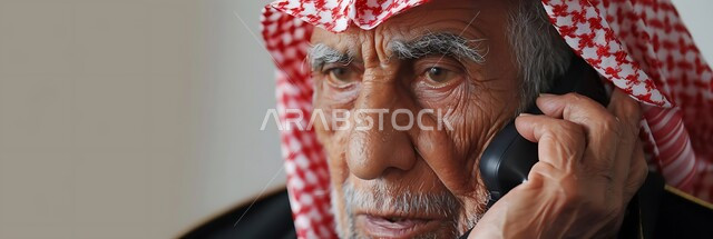 التحدث مع الأصدقاء عبر برامج التواصل الاجتماعي استخدام التقنيات الحديثة والمتطورة، دردشات ومحادثات عبر الانترنت، صورة مقربة لرجل كبير السن عربي خليجي سعودي يرتدي الشماغ والثوب التقليدي يستخدم الهاتف المحمول، إجراء مكالمات صوتية بإيماءات اليأس والحزن