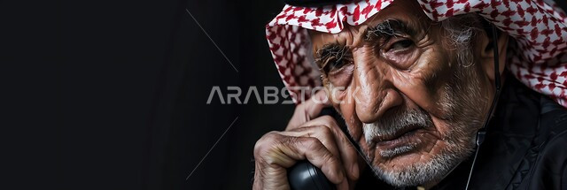 استخدام التقنيات الحديثة والمتطورة، التحدث مع الأصدقاء عبر برامج التواصل الاجتماعي، دردشات ومحادثات عبر الانترنت، صورة مقربة لرجل كبير السن عربي خليجي سعودي يرتدي الشماغ والثوب التقليدي يستخدم الهاتف المحمول، إجراء مكالمات صوتية بإيماءات اليأس والحزن