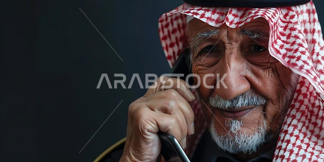 اعتماد التقنيات الحديثة والمتطورة، التحدث مع الأصدقاء عبر برامج التواصل الاجتماعي، دردشات ومحادثات عبر الانترنت، صورة مقربة لرجل كبير السن عربي خليجي سعودي يرتدي الشماغ والثوب التقليدي يستخدم الهاتف المحمول، إجراء مكالمات صوتية، النظر الى الكاميرا بإيماءات السرور