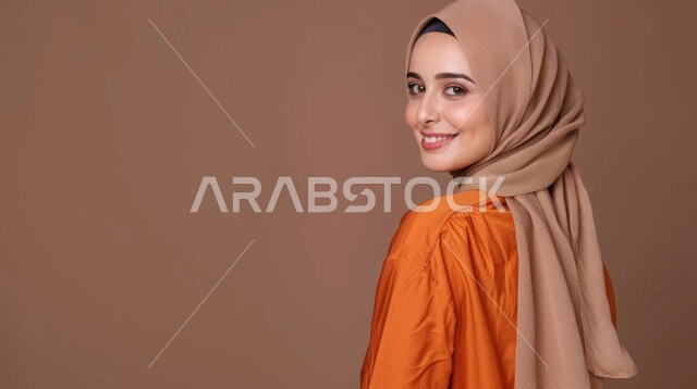 The concept of elegance and softness, looking at the camera with gestures of joy and happiness, a close-up portrait of a veiled woman smiling while looking over her shoulder, veiled fashions and sophisticated colors, attention to external appearance, brown background.