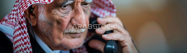 الاتفاق مع الأصدقاء عبر برامج التواصل الاجتماعي، دردشات ومحادثات عبر الانترنت، صورة مقربة لرجل كبير السن عربي خليجي سعودي يرتدي الشماغ والثوب التقليدي يستخدم الهاتف المحمول يمسك بيده العكازة، إجراء مكالمات صوتية بإيماءات التفكير واليأس
