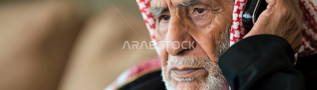 الاتفاق مع الأصدقاء عبر برامج التواصل الاجتماعي، دردشات ومحادثات عبر الانترنت، صورة مقربة لرجل كبير السن عربي خليجي سعودي يرتدي الشماغ والثوب التقليدي يستخدم الهاتف المحمول يمسك بيده العكازة، إجراء مكالمات صوتية بإيماءات التفكير واليأس