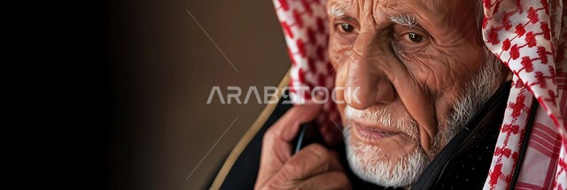 الاتفاق مع الأصدقاء عبر برامج التواصل الاجتماعي، دردشات ومحادثات عبر الانترنت، صورة مقربة لرجل كبير السن عربي خليجي سعودي يرتدي الشماغ والثوب التقليدي يستخدم الهاتف المحمول يمسك بيده العكازة، إجراء مكالمات صوتية بإيماءات التفكير واليأس