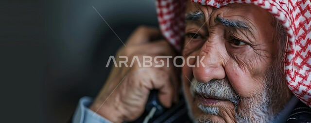 Agreement with friends via social media programs, chats and conversations over the Internet, a close-up image of an elderly Saudi Arabian Gulf man wearing a traditional shemagh and thobe using a mobile phone holding a crutch in his hand, making voice calls with gestures of thought and despair