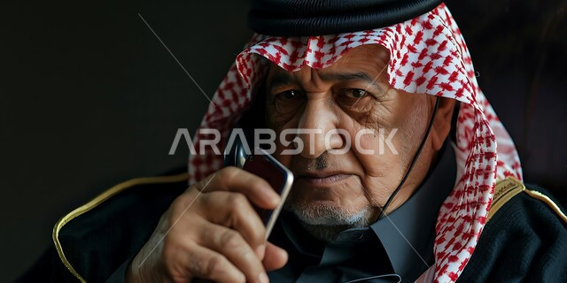 الاتفاق مع الأصدقاء عبر برامج التواصل الاجتماعي، دردشات ومحادثات عبر الانترنت، صورة مقربة لرجل كبير السن عربي خليجي سعودي يرتدي الشماغ والثوب التقليدي يستخدم الهاتف المحمول يمسك بيده العكازة، إجراء مكالمات صوتية بإيماءات التفكير واليأس