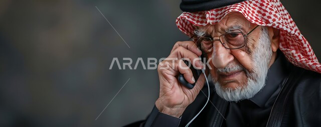 Agreement with friends via social media programs, chats and conversations over the Internet, a close-up image of an elderly Saudi Arabian Gulf man wearing a traditional shemagh and thobe using a mobile phone holding a crutch in his hand, making voice calls with gestures of thought and despair