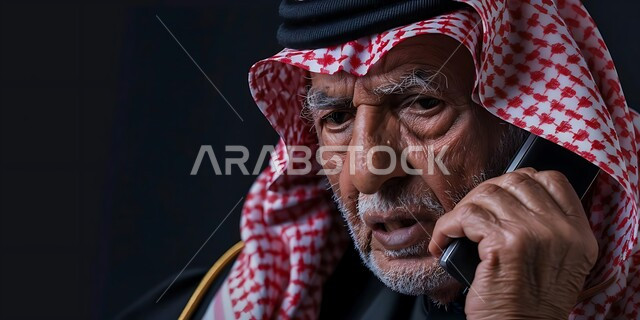  دردشات ومحادثات عبر الانترنت، الاتفاق مع الأصدقاء عبر برامج التواصل الاجتماعي، صورة مقربة لرجل كبير السن عربي خليجي سعودي يرتدي الشماغ والثوب التقليدي يستخدم الهاتف المحمول يمسك بيده العكازة، إجراء مكالمات صوتية بإيماءات التفكير واليأس