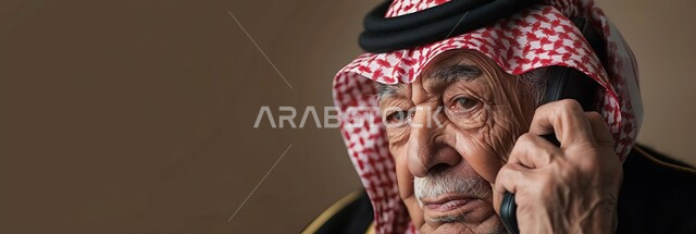  دردشات ومحادثات عبر الانترنت، الاتفاق مع الأصدقاء عبر برامج التواصل الاجتماعي، صورة مقربة لرجل كبير السن عربي خليجي سعودي يرتدي الشماغ والثوب التقليدي يستخدم الهاتف المحمول يمسك بيده العكازة، إجراء مكالمات صوتية بإيماءات التفكير واليأس