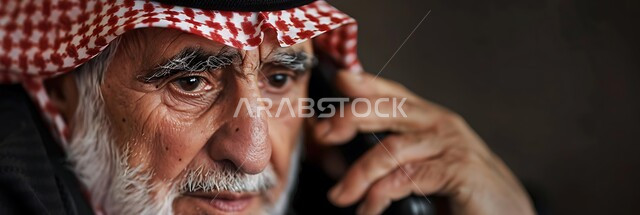  دردشات ومحادثات عبر الانترنت، الاتفاق مع الأصدقاء عبر برامج التواصل الاجتماعي، صورة مقربة لرجل كبير السن عربي خليجي سعودي يرتدي الشماغ والثوب التقليدي يستخدم الهاتف المحمول يمسك بيده العكازة، إجراء مكالمات صوتية بإيماءات التفكير واليأس