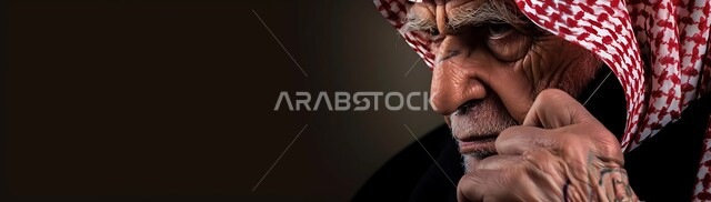  دردشات ومحادثات عبر الانترنت، الاتفاق مع الأصدقاء عبر برامج التواصل الاجتماعي، صورة مقربة لرجل كبير السن عربي خليجي سعودي يرتدي الشماغ والثوب التقليدي يستخدم الهاتف المحمول يمسك بيده العكازة، إجراء مكالمات صوتية بإيماءات التفكير واليأس