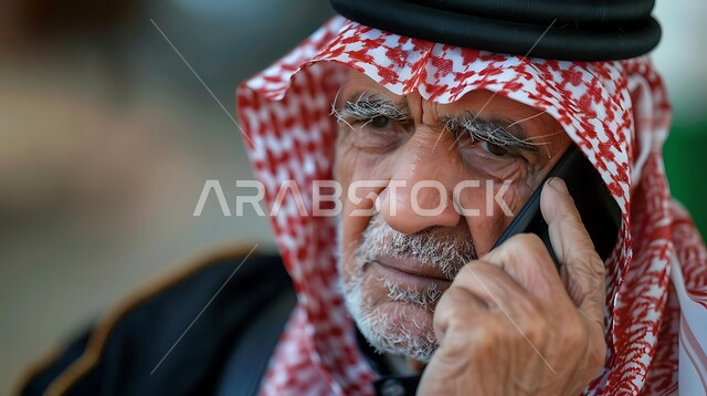  دردشات ومحادثات عبر الانترنت، الاتفاق مع الأصدقاء عبر برامج التواصل الاجتماعي، صورة مقربة لرجل كبير السن عربي خليجي سعودي يرتدي الشماغ والثوب التقليدي يستخدم الهاتف المحمول يمسك بيده العكازة، إجراء مكالمات صوتية بإيماءات التفكير واليأس
