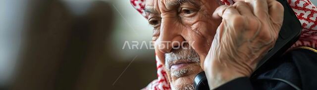 التحدث مع الأصدقاء عبر برامج التواصل الاجتماعي، دردشات ومحادثات عبر الانترنت، صورة مقربة لرجل كبير السن عربي خليجي سعودي يرتدي الشماغ والثوب التقليدي يستخدم الهاتف المحمول، إجراء مكالمات صوتية بإيماءات الجزن واليأس