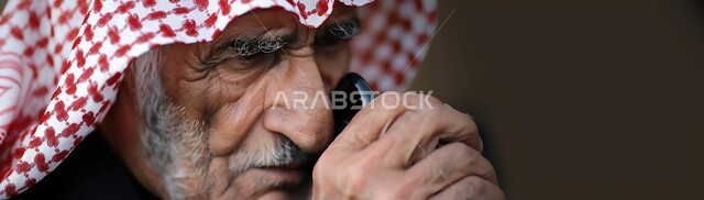 التحدث مع الأصدقاء عبر برامج التواصل الاجتماعي، دردشات ومحادثات عبر الانترنت، صورة مقربة لرجل كبير السن عربي خليجي سعودي يرتدي الشماغ والثوب التقليدي يستخدم الهاتف المحمول، إجراء مكالمات صوتية بإيماءات الجزن واليأس